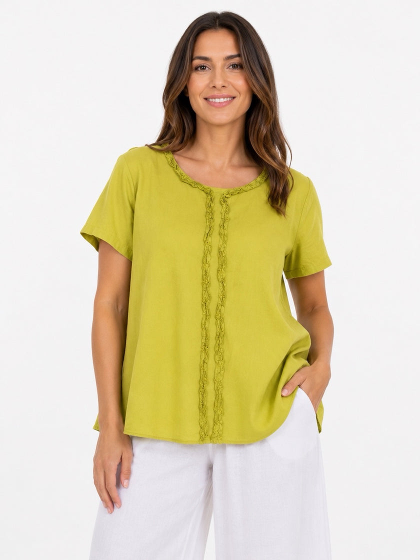 Made in Italy Ruffled Neck Top with Central Seam Detail - Olive
