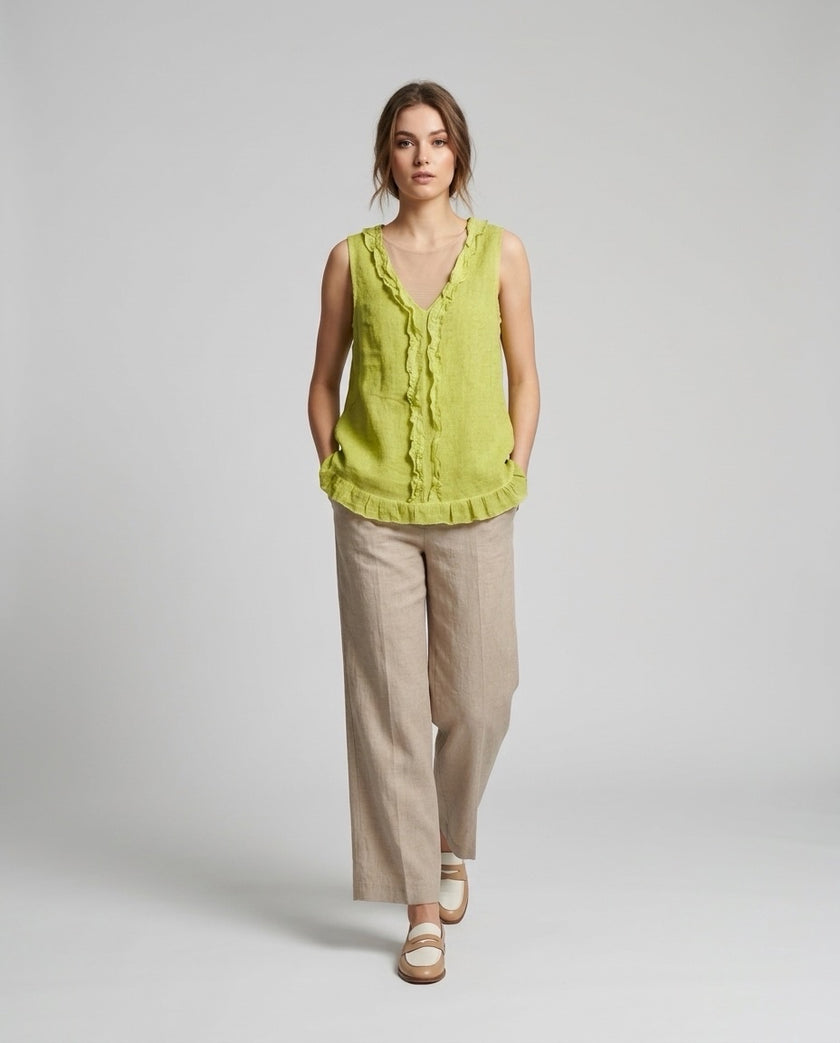 Made in Italy Ruffled V-Neck Sleeveless Blouse - Olive Green