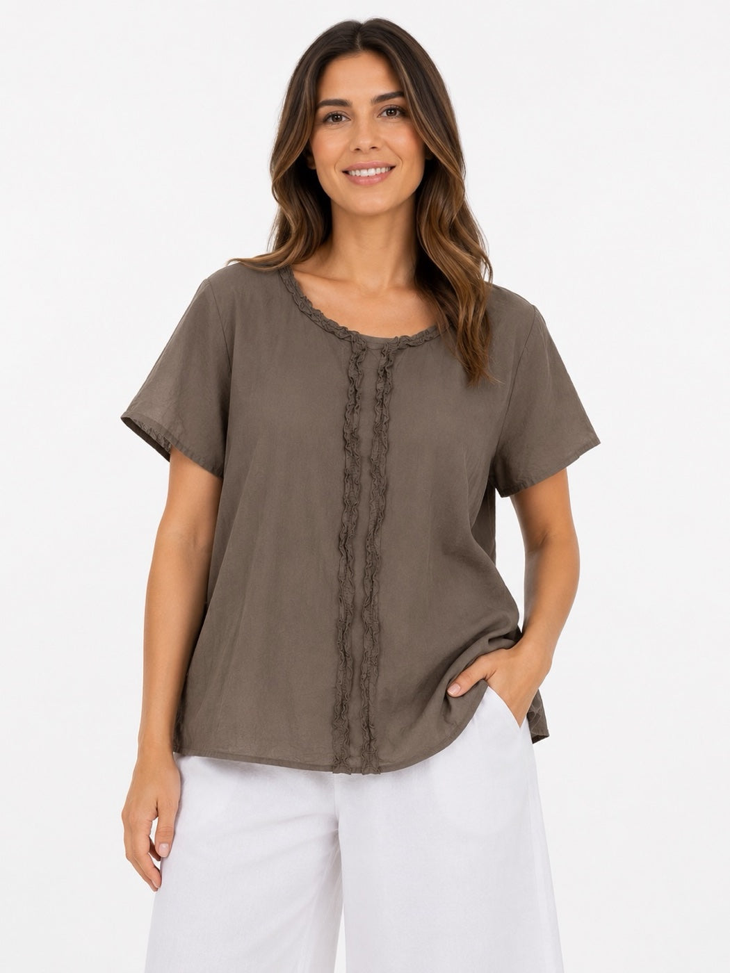 Made in Italy Ruffled Neck Top with Central Seam Detail - Espresso