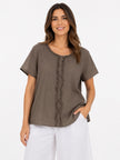Made in Italy Ruffled Neck Top with Central Seam Detail - Espresso