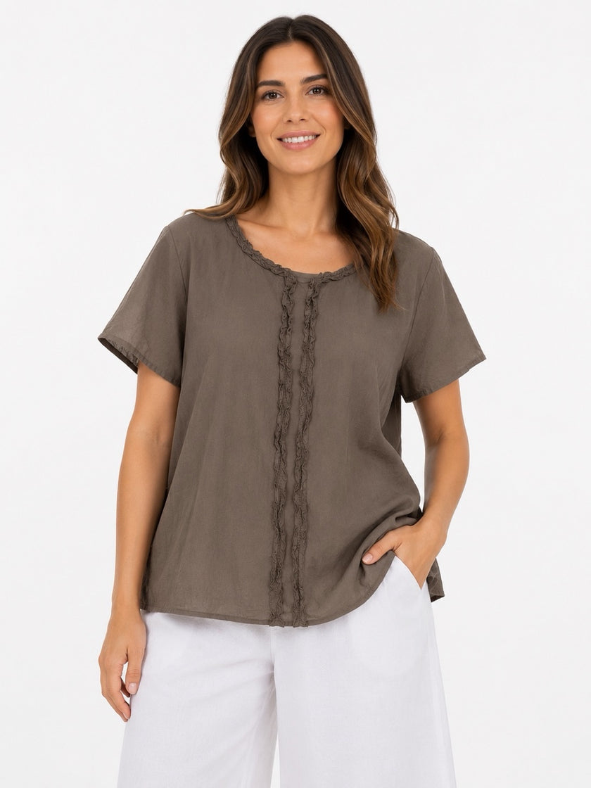 Made in Italy Ruffled Neck Top with Central Seam Detail - Espresso