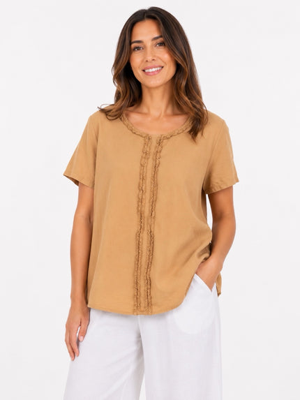 Made in Italy Ruffled Neck Top with Central Seam Detail - Bronze