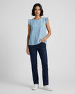 Made in Italy Ruffle Sleeve Denim Blouse with Back Button - Light Sky Blue