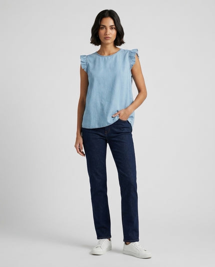 Made in Italy Ruffle Sleeve Denim Blouse with Back Button - Light Sky Blue