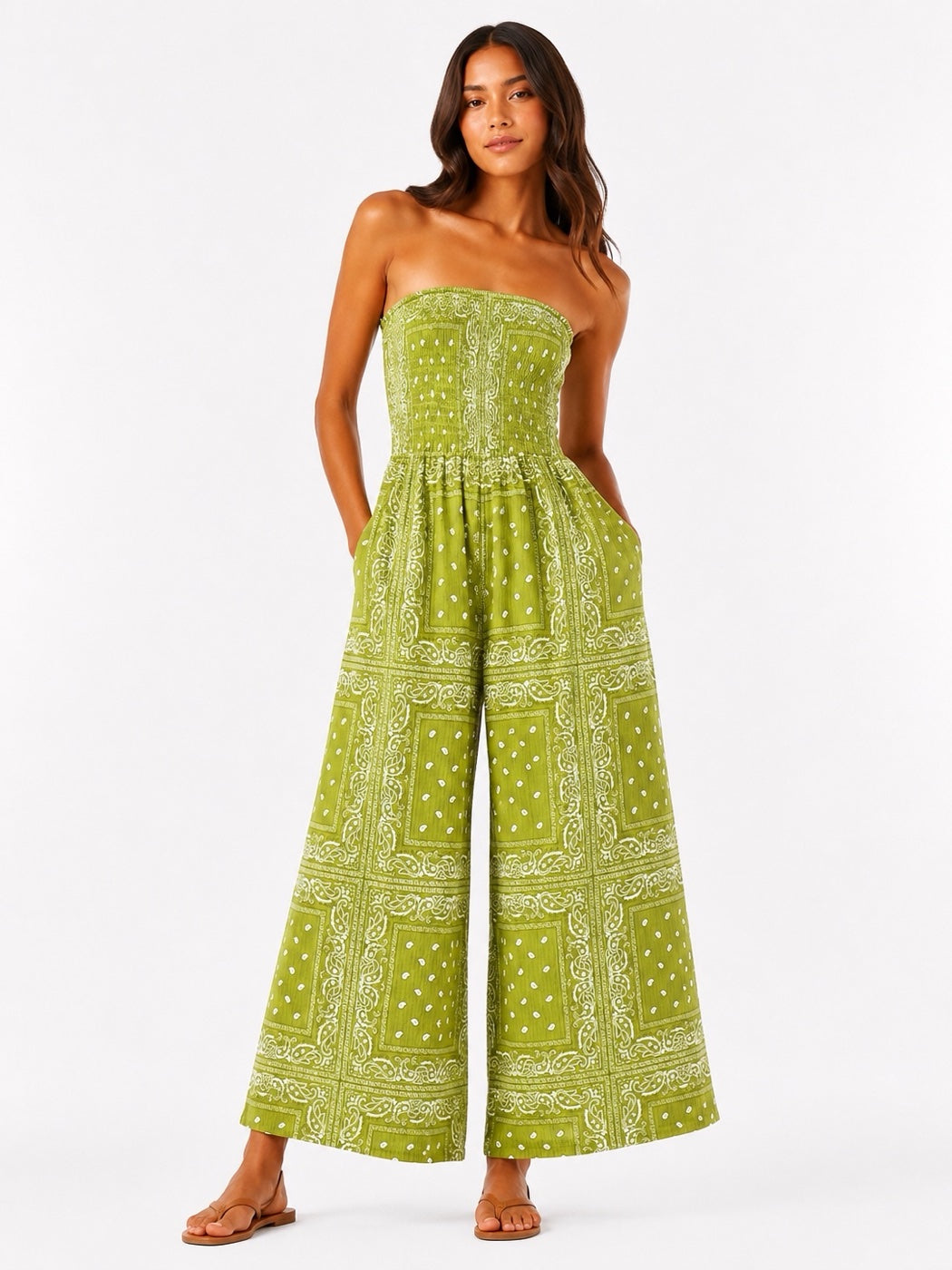 Made in Italy Bandana Print Shirred Bodice Jumpsuit - Khaki Green