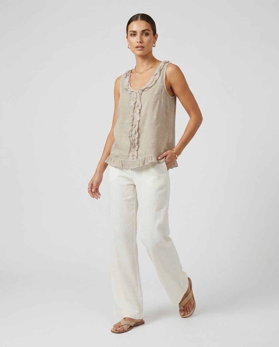 Made in Italy Ruffled V-Neck Sleeveless Blouse - Wheat
