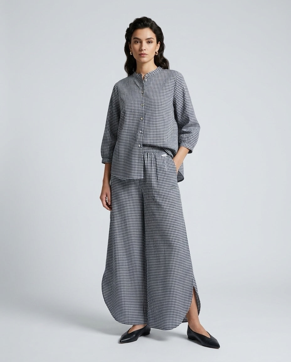 Gingham Check Shirt and Culotte Set - Navy
