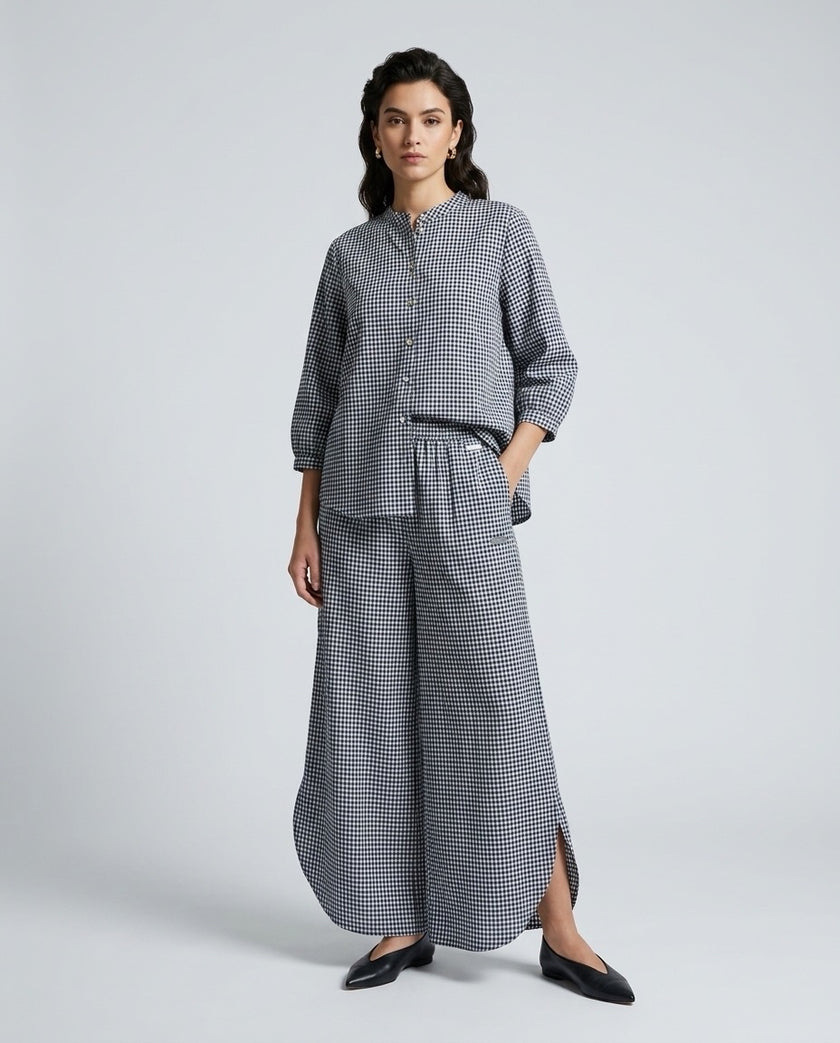 Gingham Check Shirt and Culotte Set - Navy