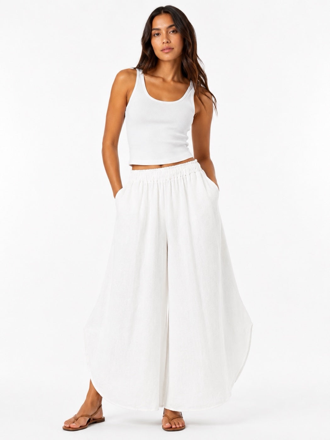 Made in Italy Wide-Leg Linen Blend Palazzo Trousers - White