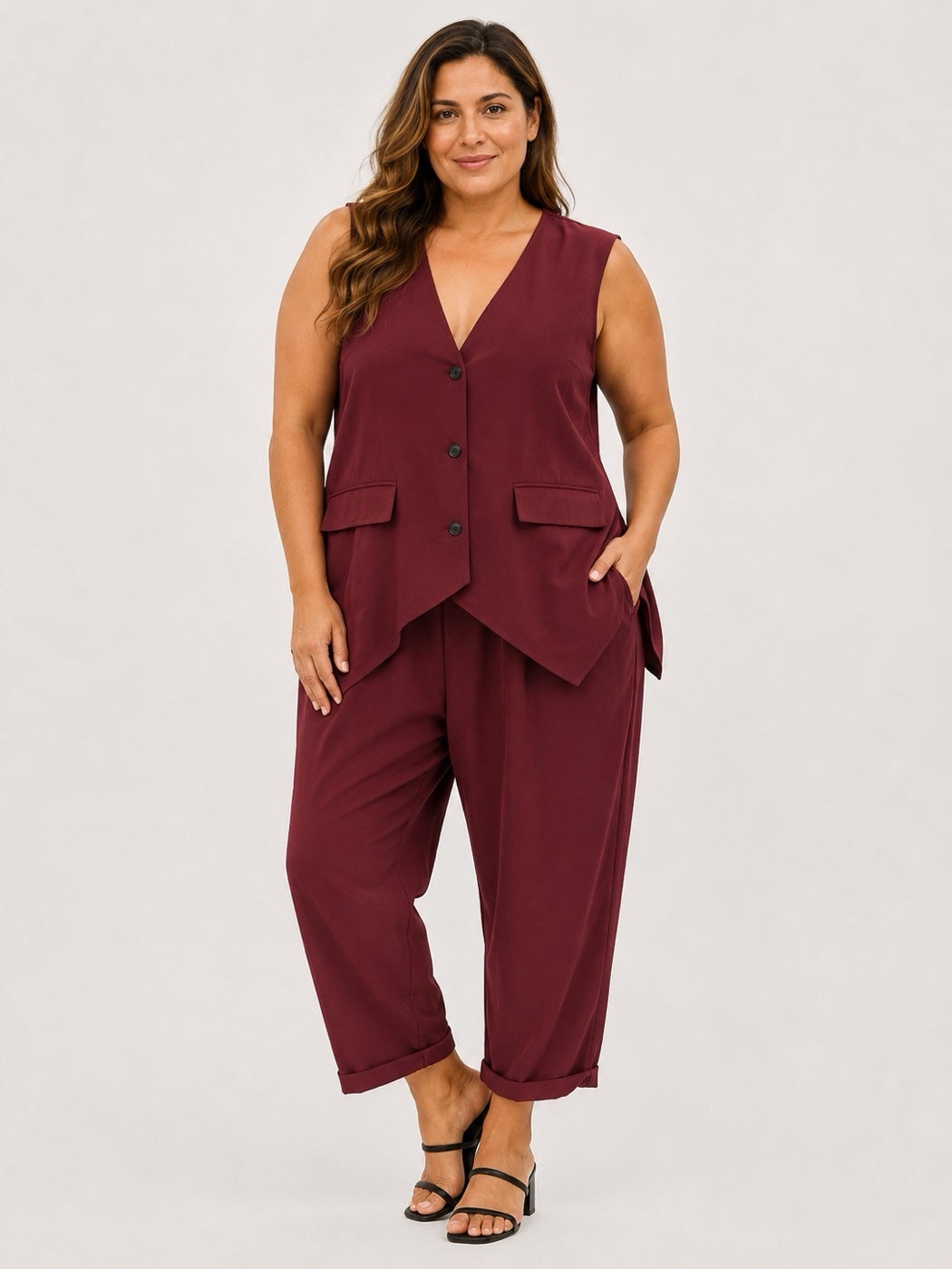 Made in Italy Linen Blend Asymmetric Button Waistcoat  - Cranberry
