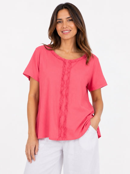 Made in Italy Ruffled Neck Top with Central Seam Detail - Light Coral