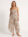 Made in Italy Smocked Strapless Jumpsuit - Tan