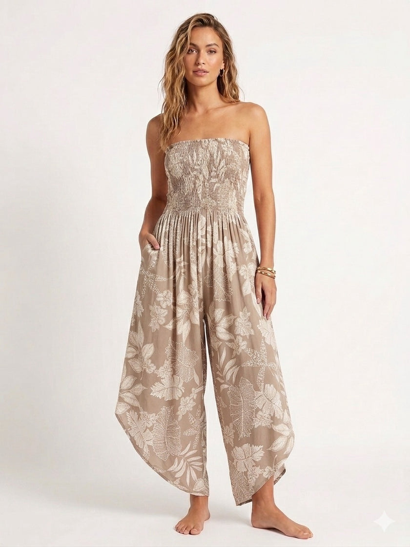 Made in Italy Smocked Strapless Jumpsuit - Tan