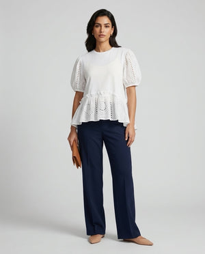Made in Italy Embroidered Eyelet Peplum Top - White