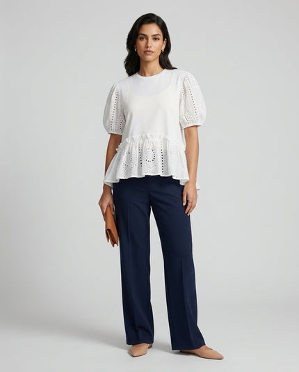 Made in Italy Embroidered Eyelet Peplum Top - White