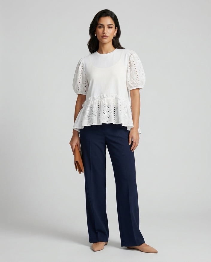 Made in Italy Embroidered Eyelet Peplum Top - White