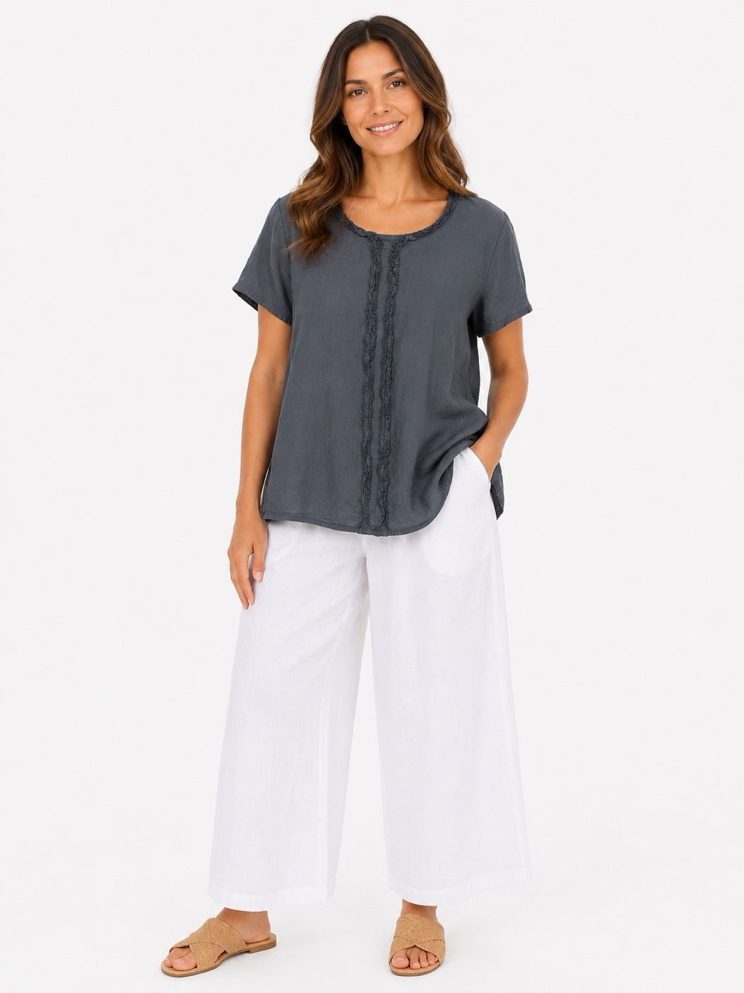 Made in Italy Ruffled Neck Top with Central Seam Detail - Black