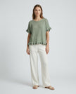 Made in Italy Gauze Top with Ruffle Trim - Olive Drab