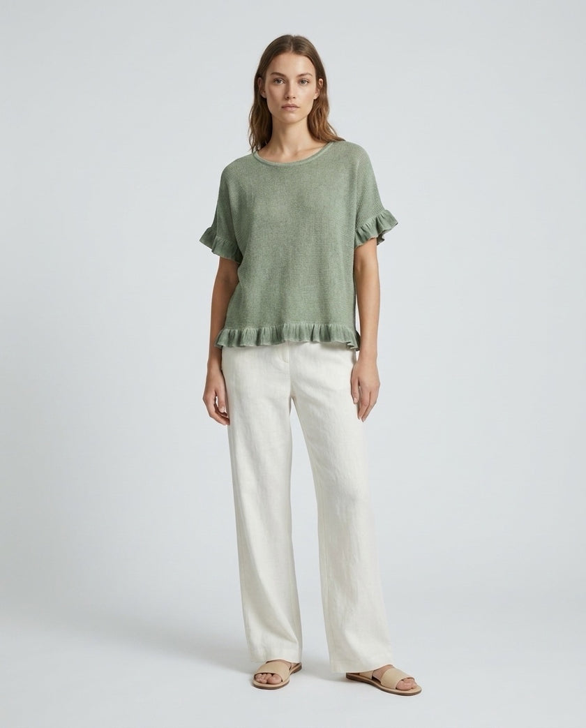 Made in Italy Gauze Top with Ruffle Trim - Olive Drab