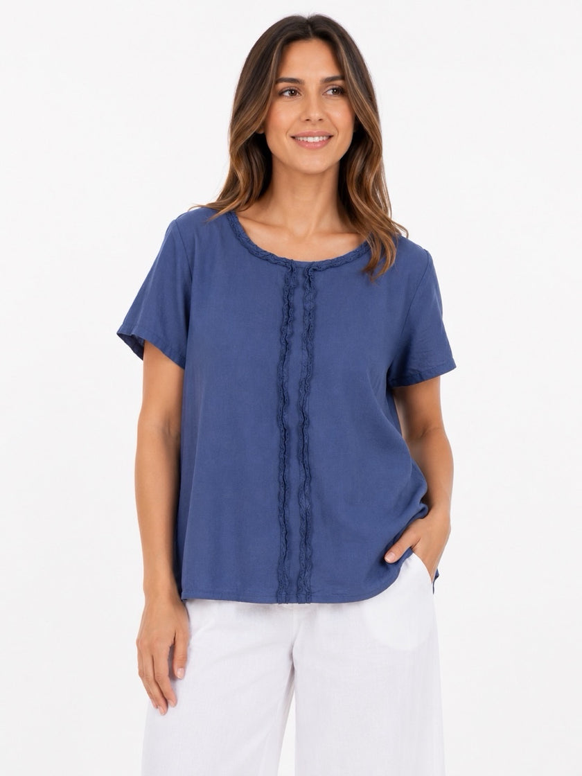 Made in Italy Ruffled Neck Top with Central Seam Detail - Navy