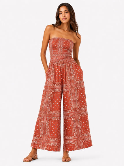 Made in Italy Bandana Print Shirred Bodice Jumpsuit - Coral