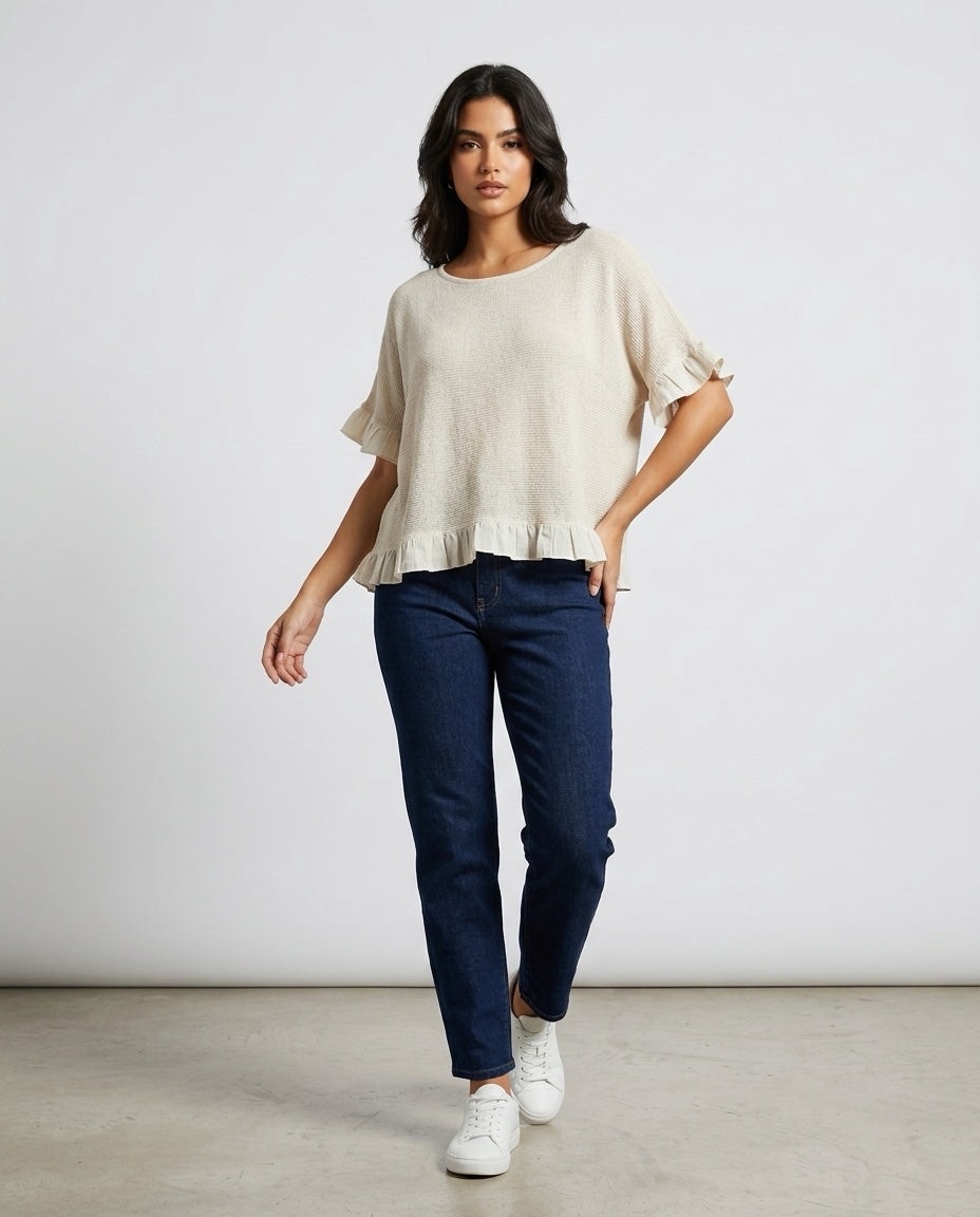 Made in Italy Gauze Top with Ruffle Trim - Beige