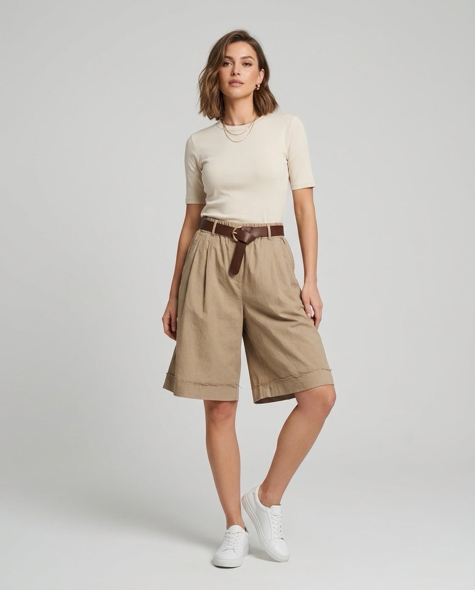 Made in Italy High-Waisted Cotton Wide-Leg Shorts with Belt - Stone