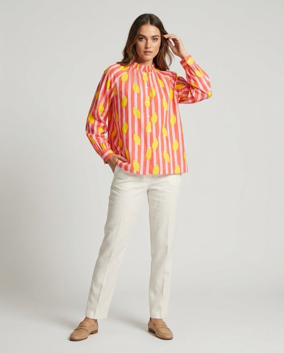 Made in Italy Striped Lemon Print Blouse - Bubblegum