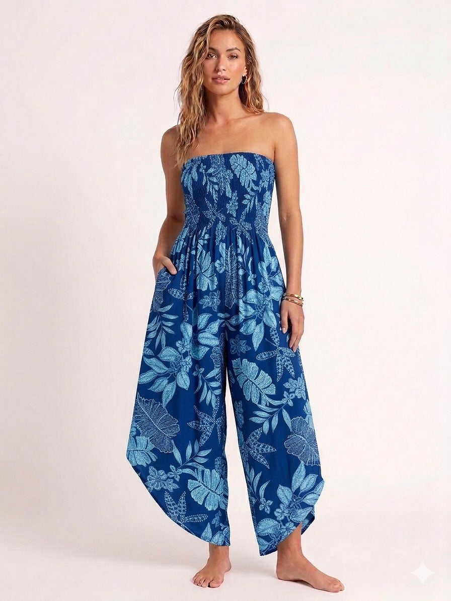 Made in Italy Smocked Strapless Jumpsuit - Navy
