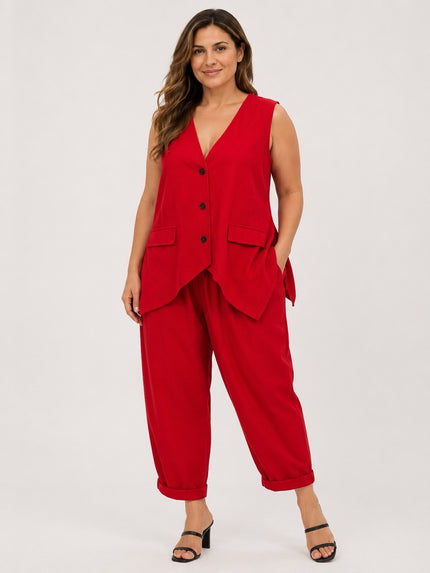 Made in Italy Linen Blend Asymmetric Button Waistcoat  - Bright Red