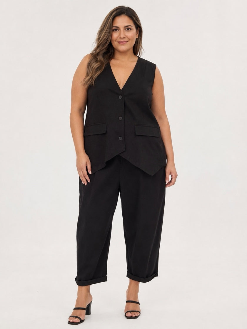 Made in Italy Linen Blend Asymmetric Button Waistcoat  - Black