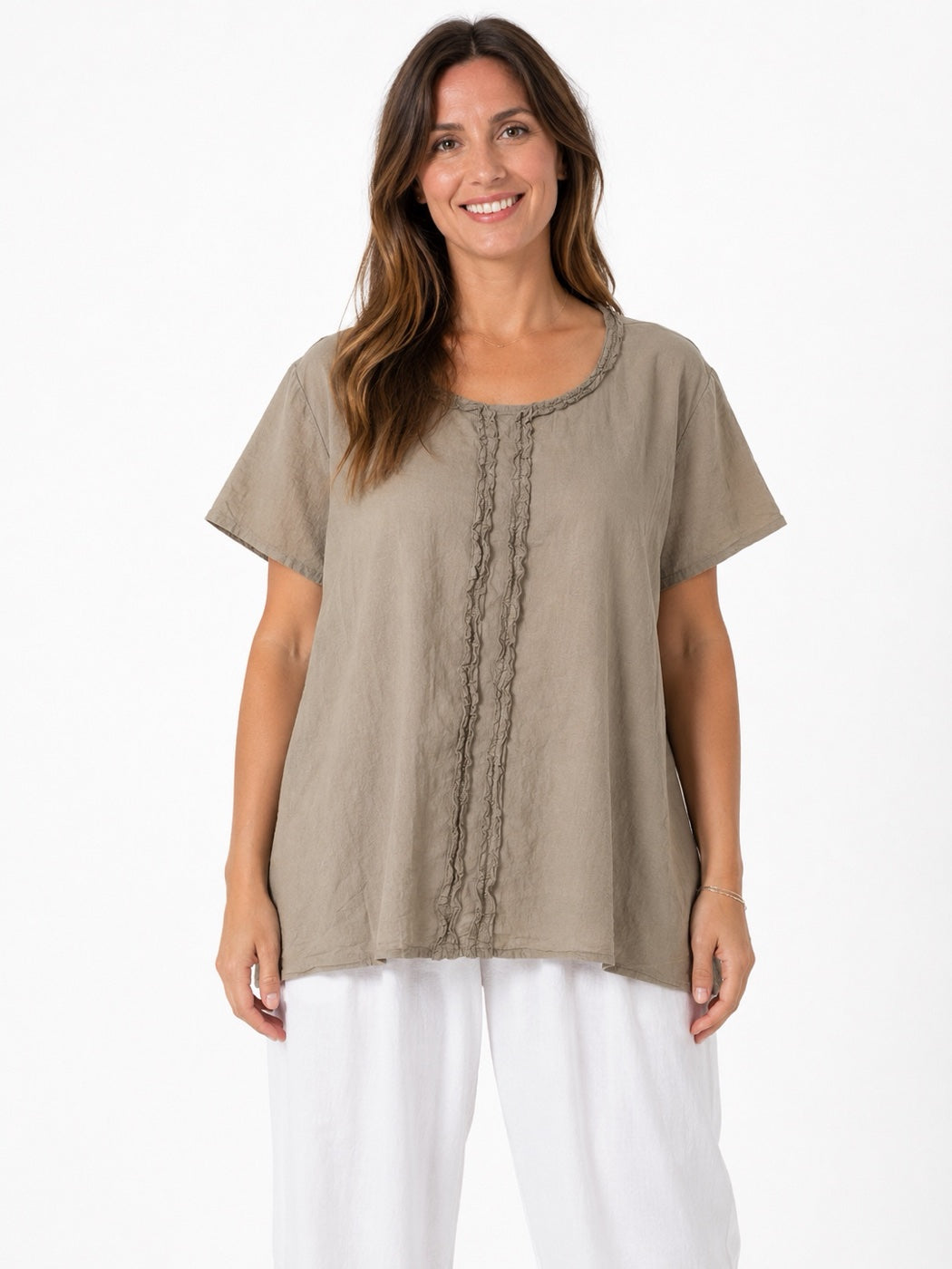 Made in Italy Ruffled Neck Top with Central Seam Detail - Stone