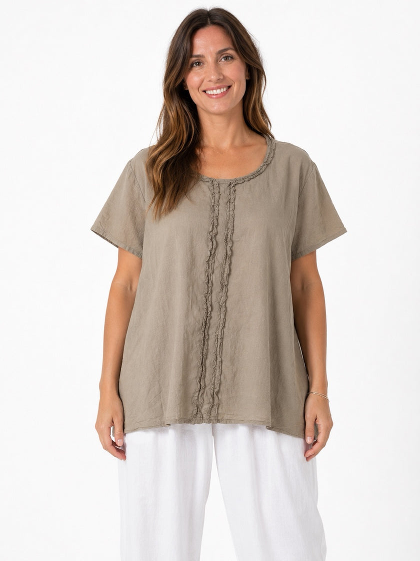 Made in Italy Ruffled Neck Top with Central Seam Detail - Stone
