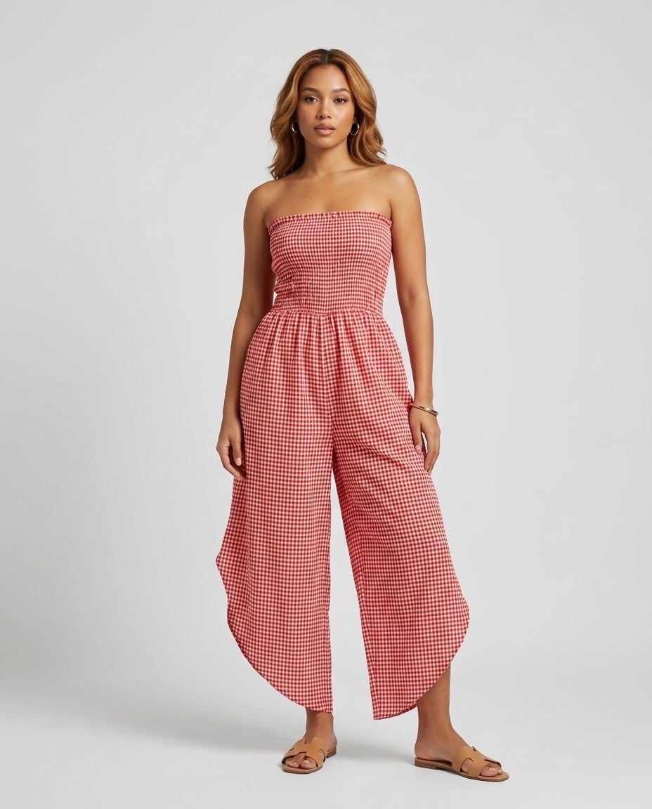 Made in Italy Smocked Strapless Gingham Culotte Jumpsuit - Coral Red