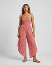 Made in Italy Smocked Strapless Gingham Culotte Jumpsuit - Coral Red
