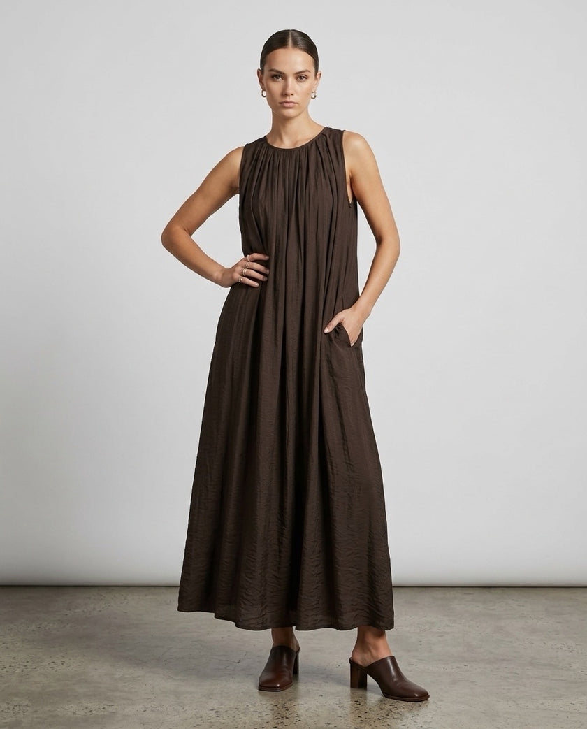 Made in Italy Gathered Yoke Maxi Dress - Coffee