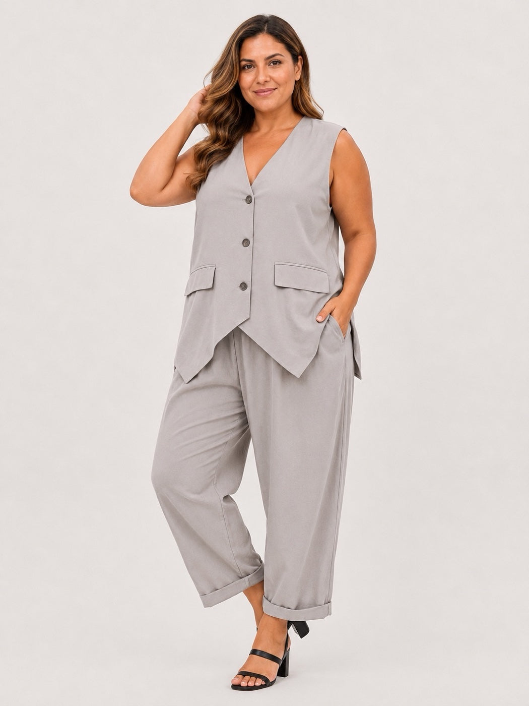 Made in Italy Linen Blend Asymmetric Button Waistcoat  - Stone