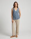 Made in Italy Ruffled V-Neck Sleeveless Blouse - Denim