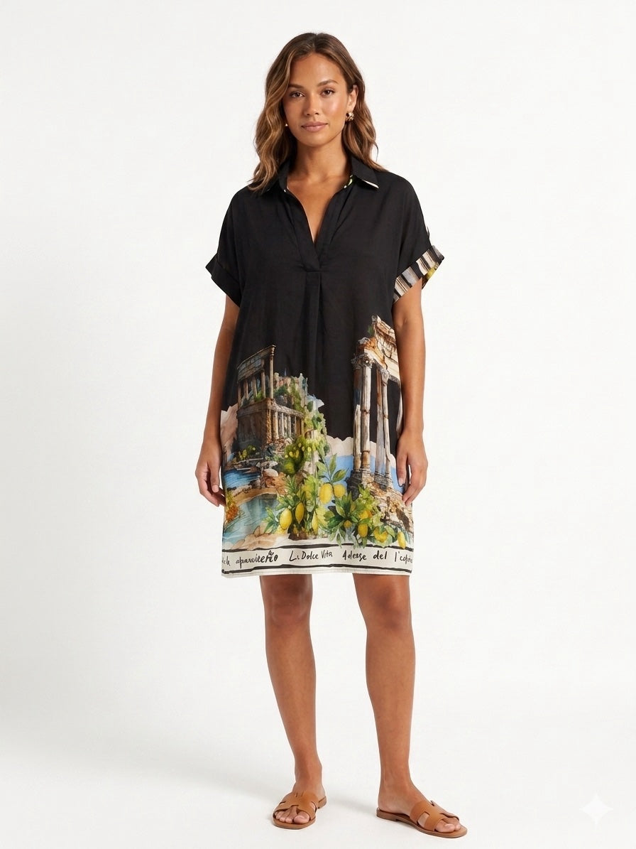 Made in Italy  Ruins Print Midi Dress - Black