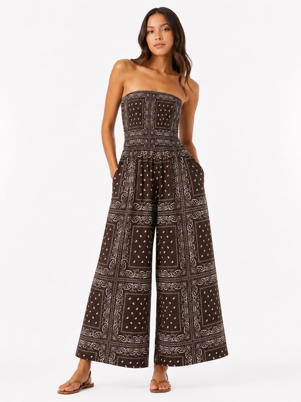 Made in Italy Bandana Print Shirred Bodice Jumpsuit - Espresso