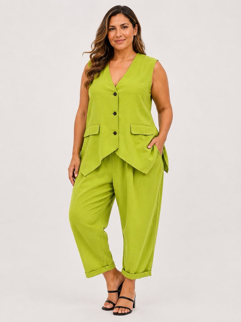 Made in Italy Linen Blend Asymmetric Button Waistcoat  - Lime Green