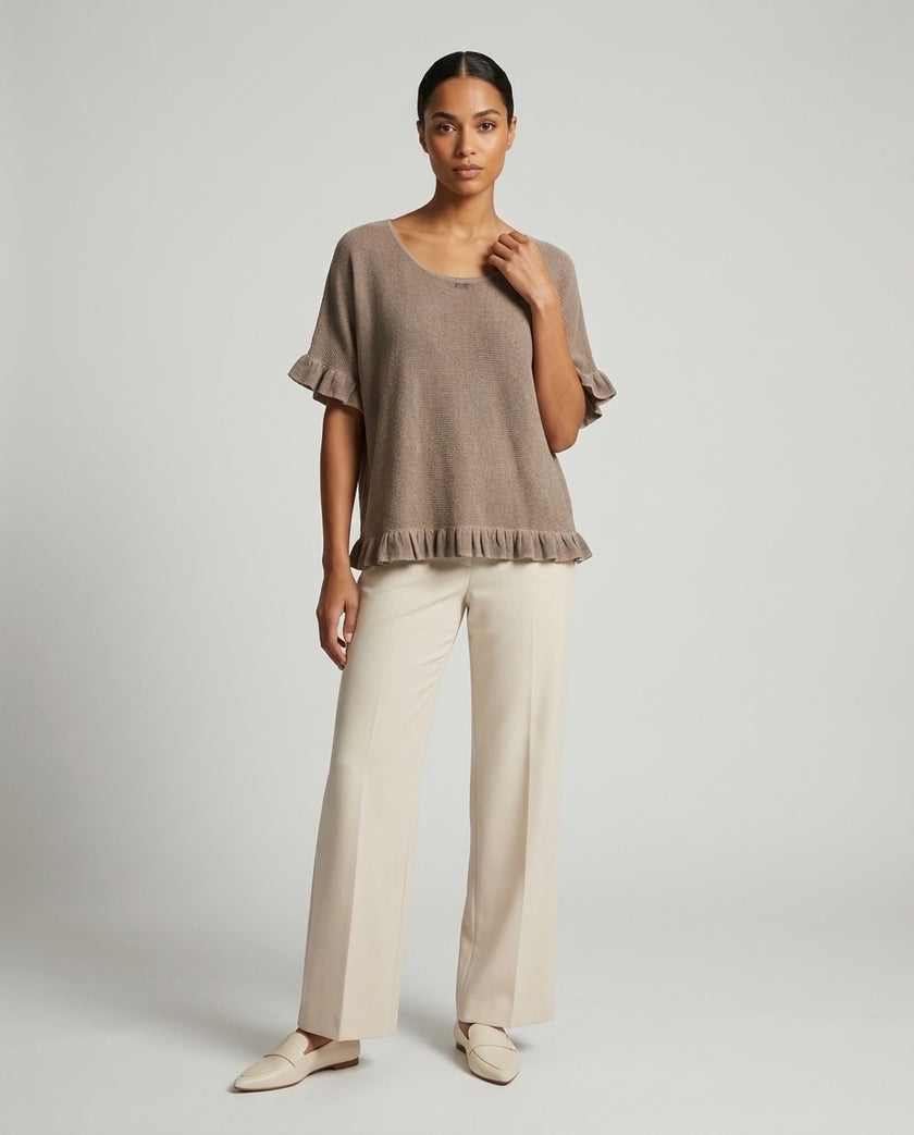 Made in Italy Gauze Top with Ruffle Trim - Coffee