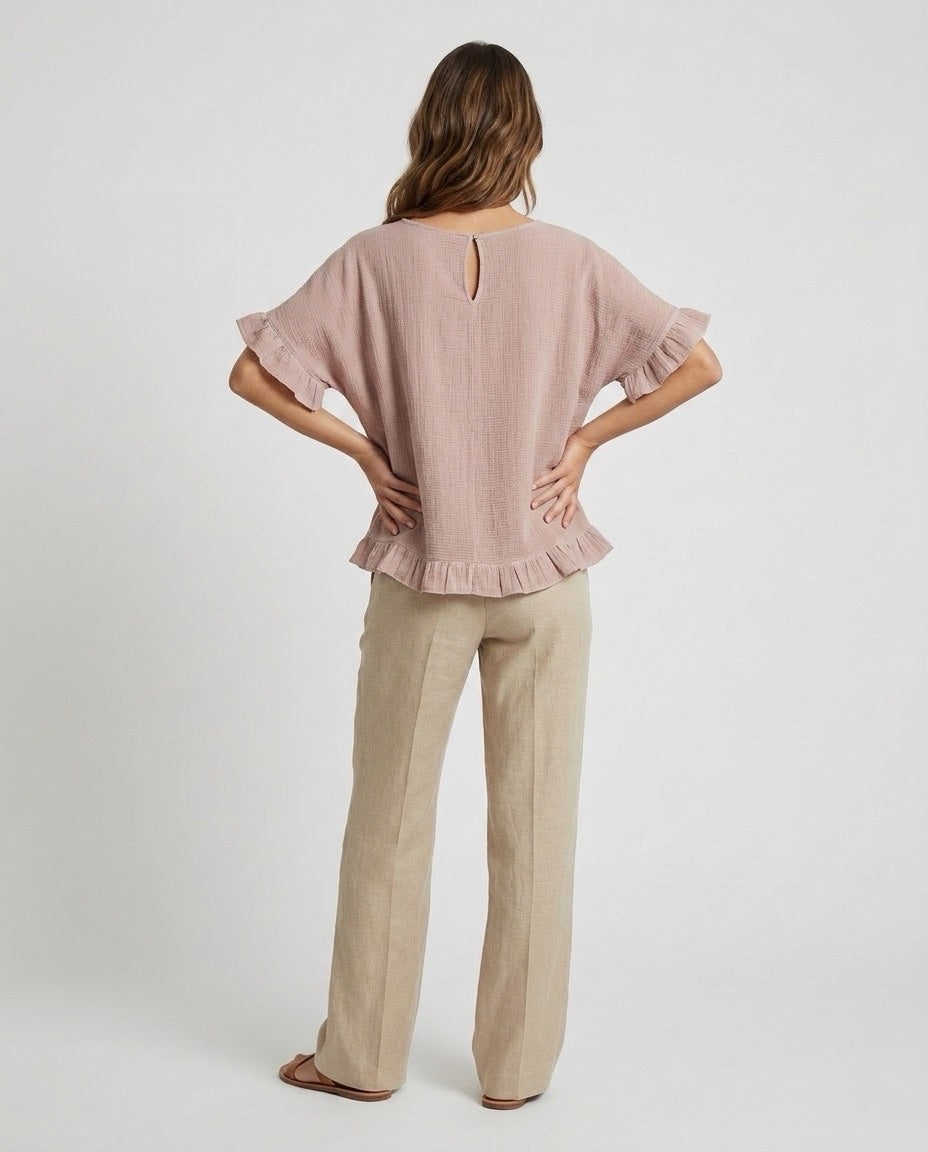 Made in Italy Gauze Top with Ruffle Trim - Baby Pink (2)