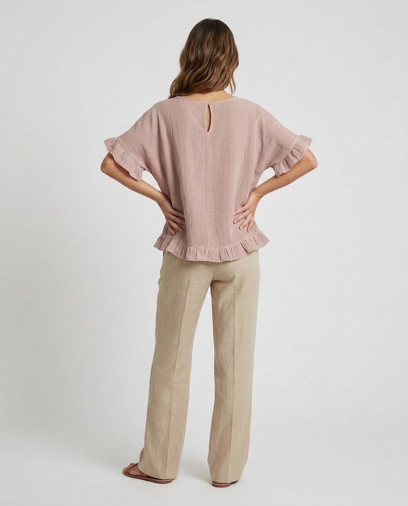 Made in Italy Gauze Top with Ruffle Trim - Baby Pink (2)