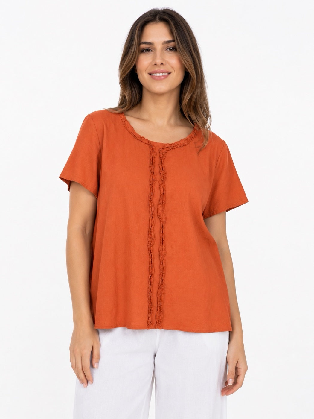 Made in Italy Ruffled Neck Top with Central Seam Detail - Coral