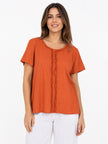 Made in Italy Ruffled Neck Top with Central Seam Detail - Coral