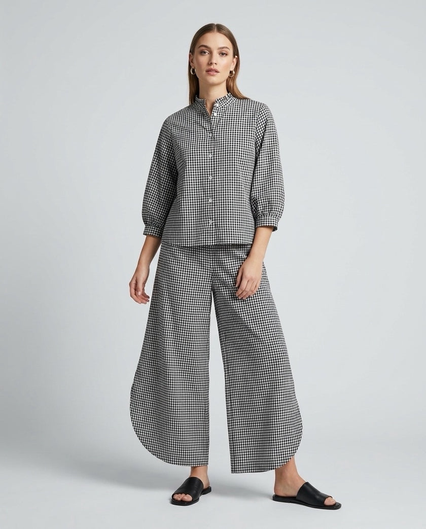 Gingham Check Shirt and Culotte Set - Black