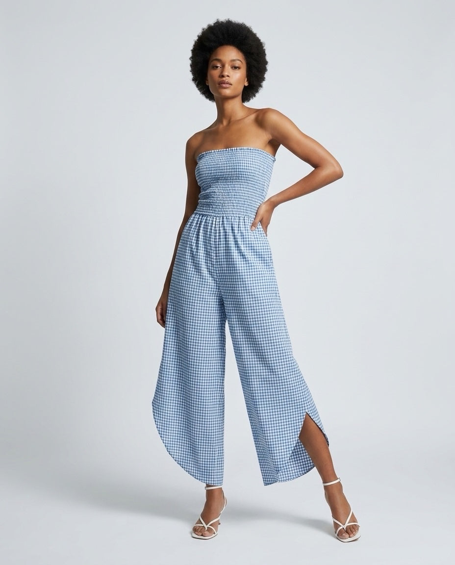 Made in Italy Smocked Strapless Gingham Culotte Jumpsuit - Denim