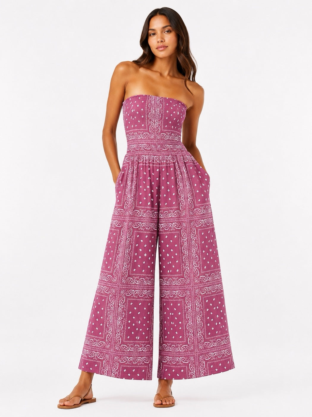 Made in Italy Bandana Print Shirred Bodice Jumpsuit - Salmon Pink