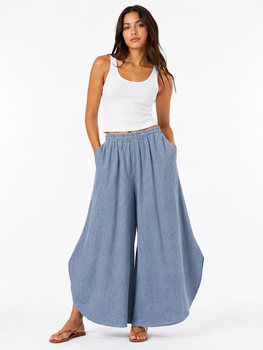 Made in Italy Wide-Leg Linen Blend Palazzo Trousers - Denim
